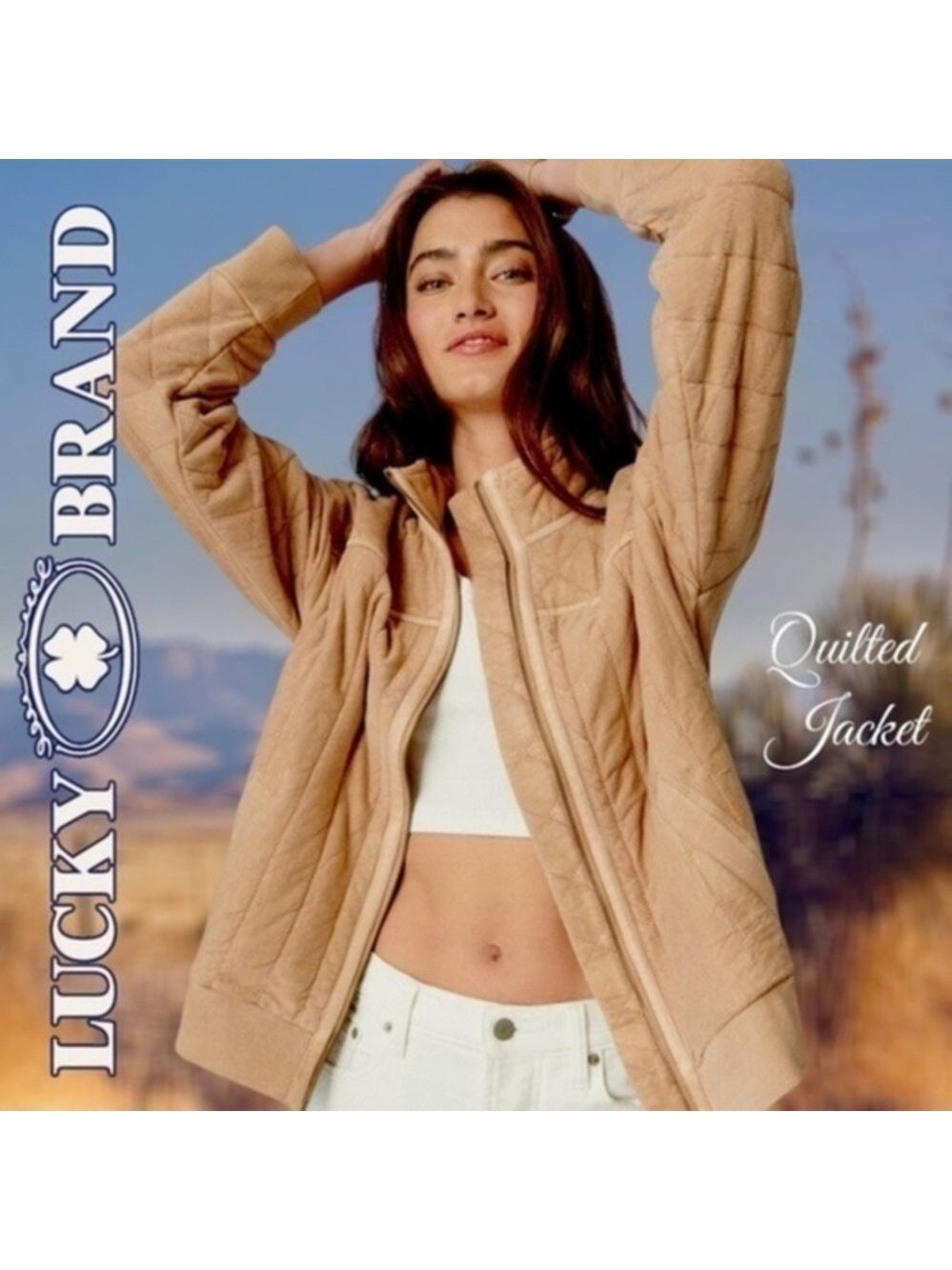 LUCKY BRAND Quilted Zip Front Stand Collar SOFT Cotton Tan Jacket-LG NWT